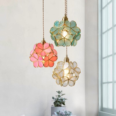 Nordic Brass Flower Petal Glass Pendant Light for Dining Room