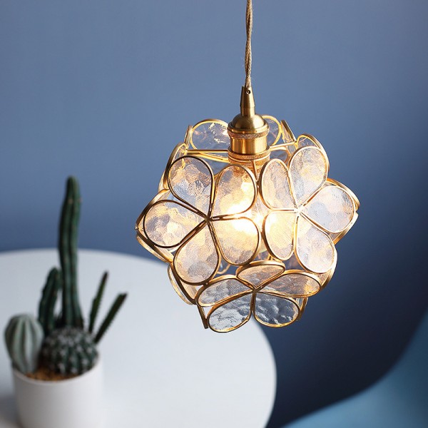 Nordic Brass Flower Petal Glass Pendant Light for Dining Room