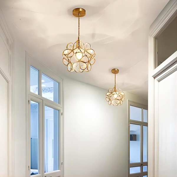 Nordic Brass Flower Petal Glass Pendant Light for Dining Room