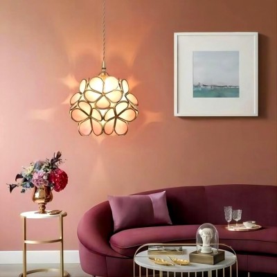 Nordic Brass Flower Petal Glass Pendant Light for Dining Room