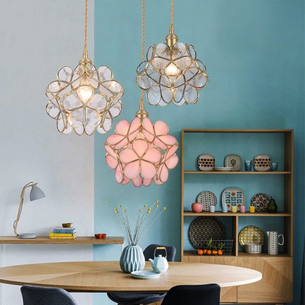 Nordic Brass Flower Petal Glass Pendant Light for Dining Room