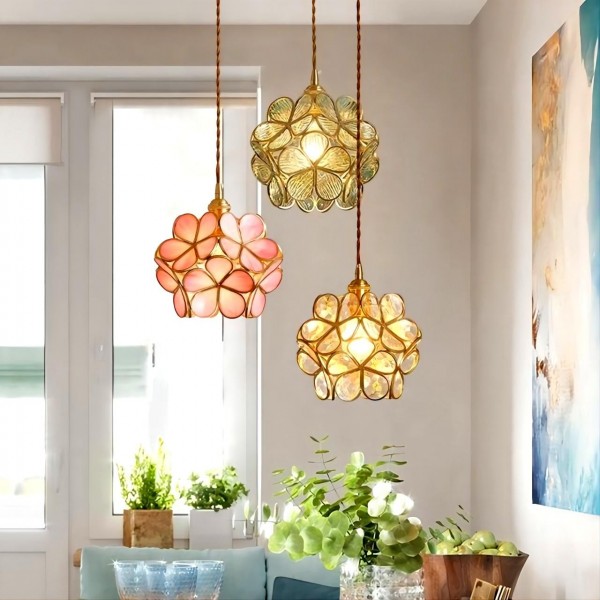 Nordic Brass Flower Petal Glass Pendant Light for Dining Room
