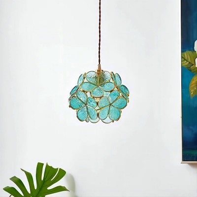 Nordic Brass Flower Petal Glass Pendant Light for Dining Room